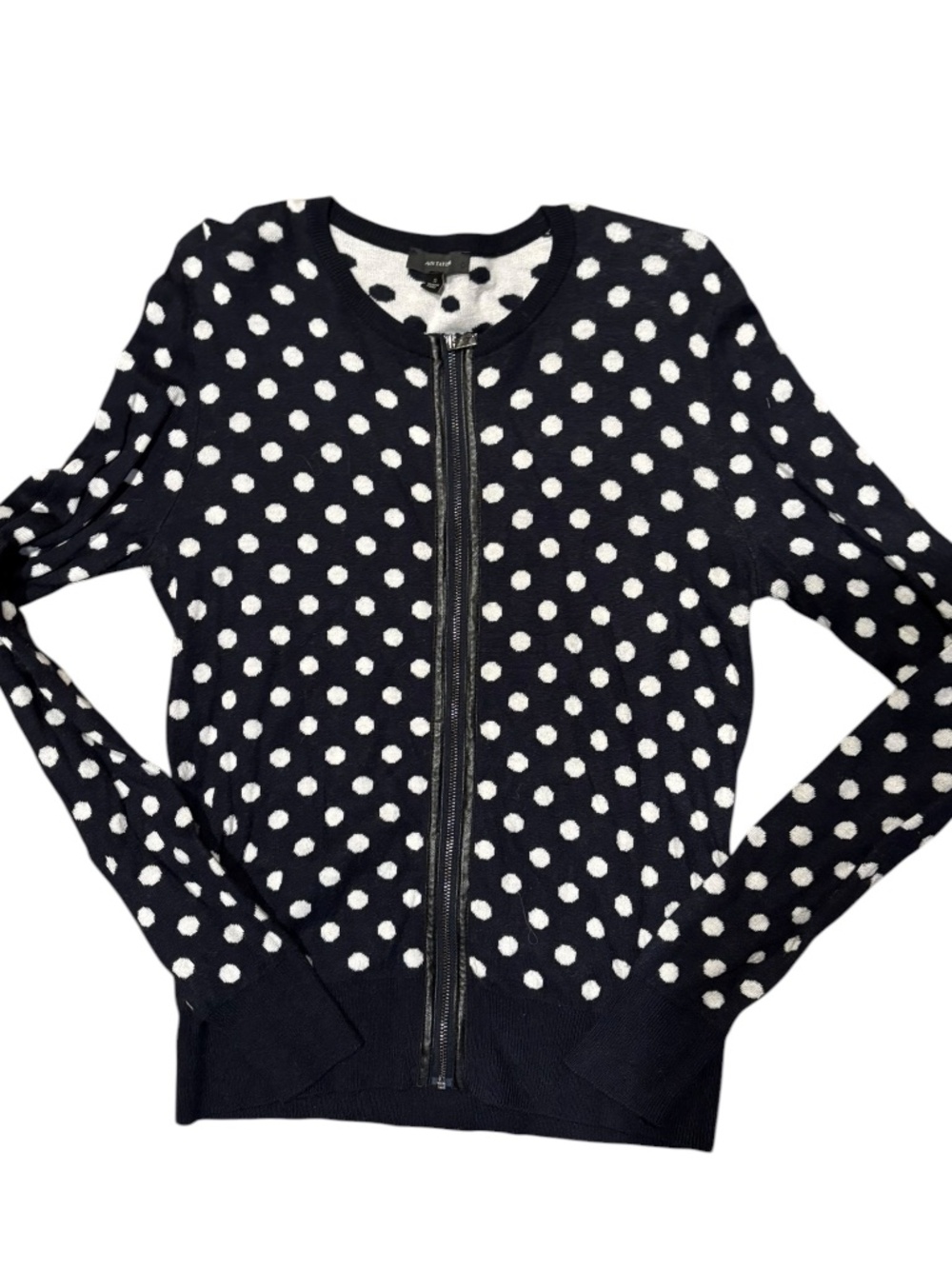 Ann Taylor navy blue polka dot zip cashmere cardigan sweater s